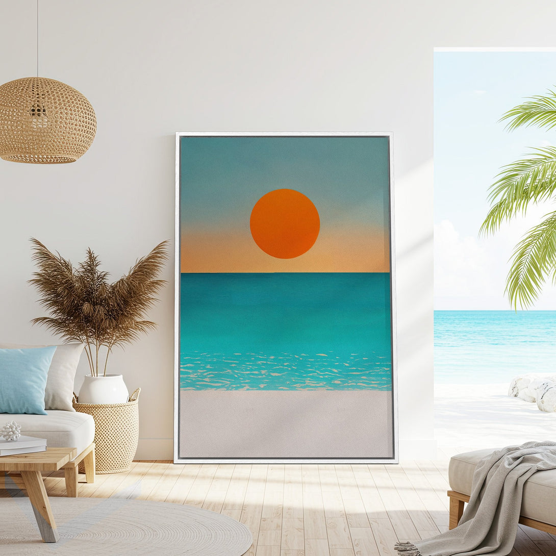 Framed Wall Art: Abstract beach sunset in teal, orange, and white. Modern coastal decor for a relaxing vibe.