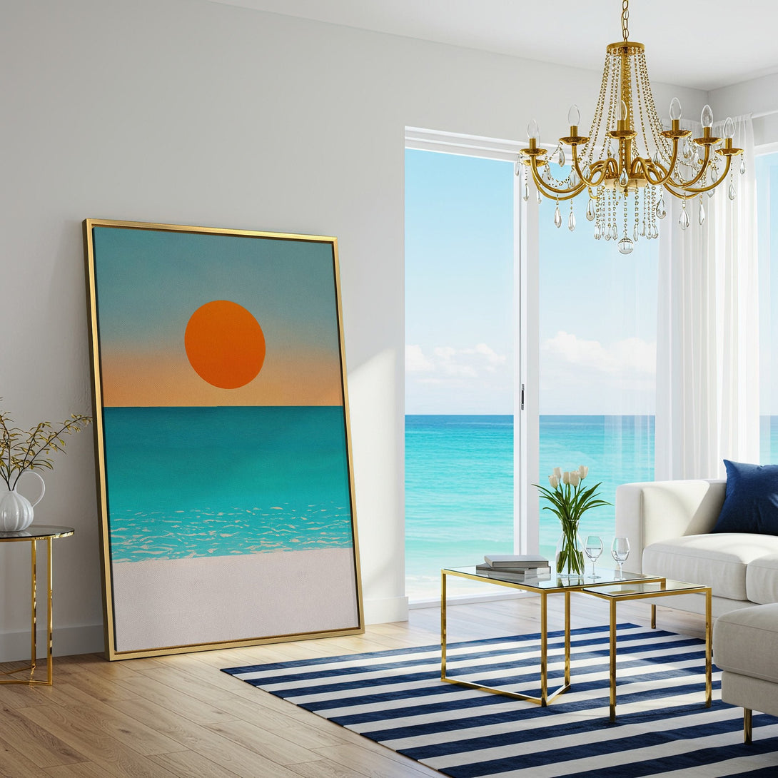 Canvas Print of a beach sunset in a modern living room. Features a minimalist style with a calming blue, orange, and white color palette.