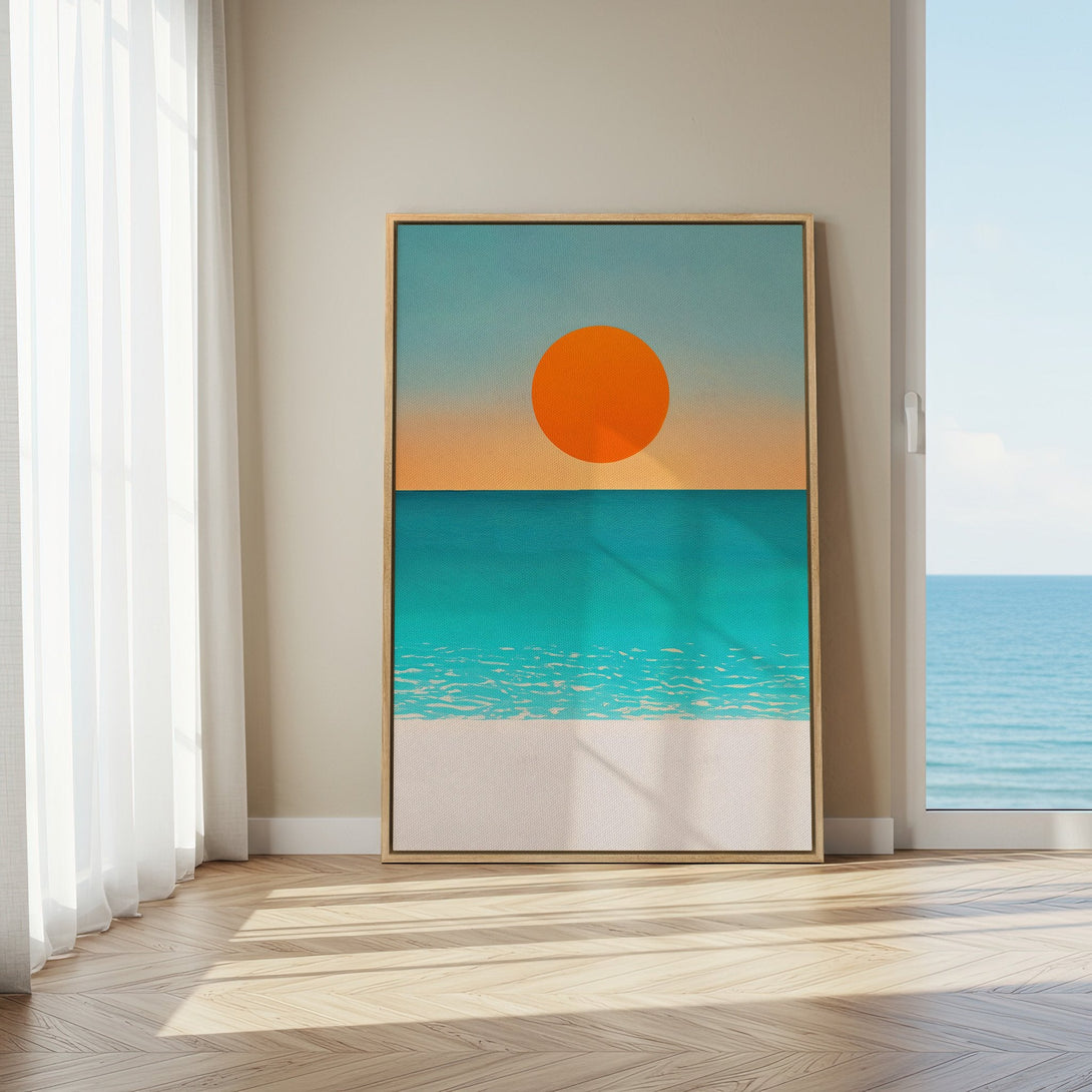 Framed Wall Art: Abstract beach scene canvas print in a modern interior. Features orange sun, turquoise sea, and neutral color palette. Perfect wall decor!