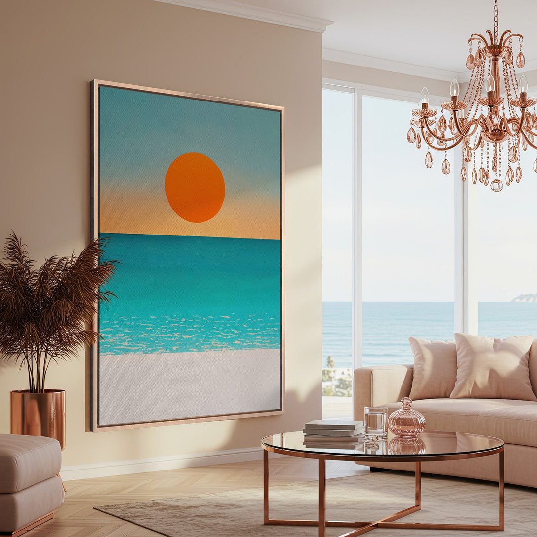 Framed Wall Art: Coastal sunset canvas print in a modern living room. Featuring a minimalist style with teal, orange, and beige color palette, perfect for any home decor.