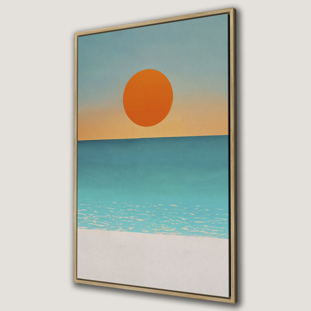Framed Wall Art: Coastal sunset canvas print in minimalist style with orange, teal, and white color palette. Perfect for adding a touch of serenity to your space.