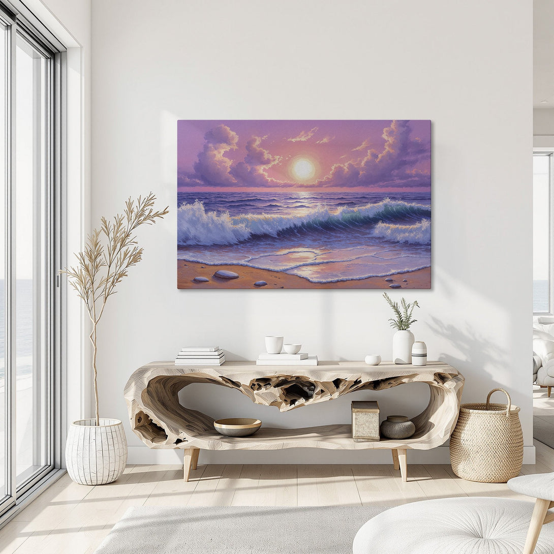 Framed Wall Art: Coastal sunset Canvas Print in a modern interior. Features vibrant pink & blue hues, capturing ocean waves. Perfect for beach house decor.