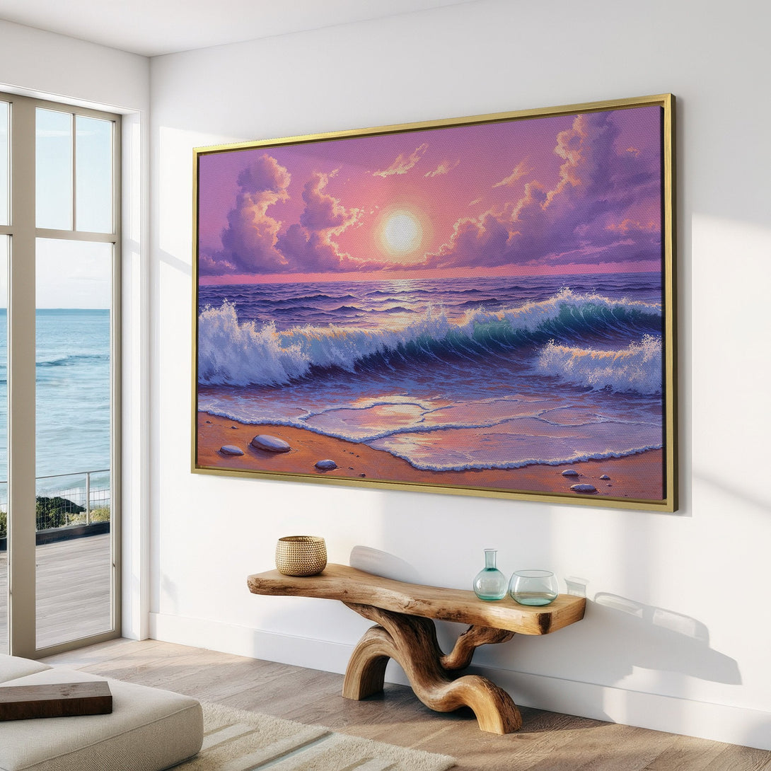 Canvas Print of a serene ocean sunset, featuring waves and a vibrant pink and purple color palette, perfect for coastal decor.