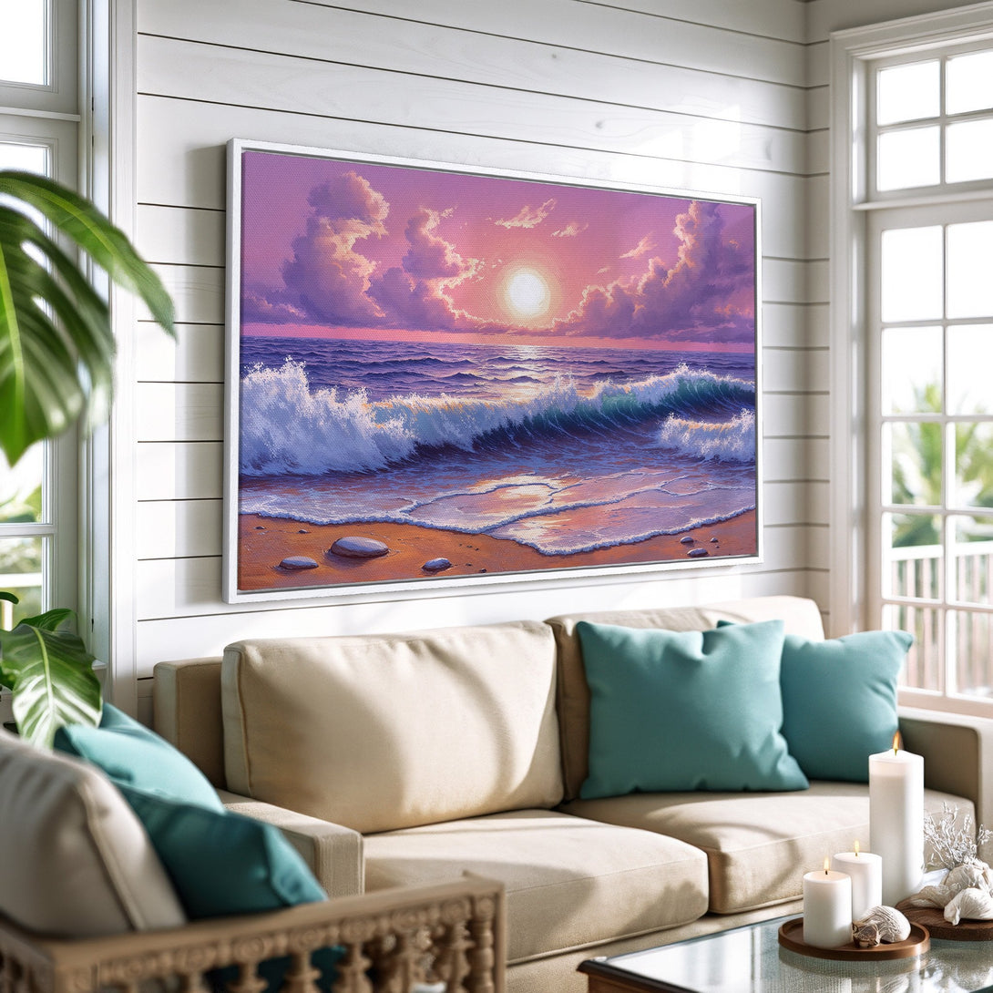 Framed Wall Art: Coastal sunset canvas print with vibrant pink, purple, and blue hues. Perfect for adding a touch of serenity to your home decor.