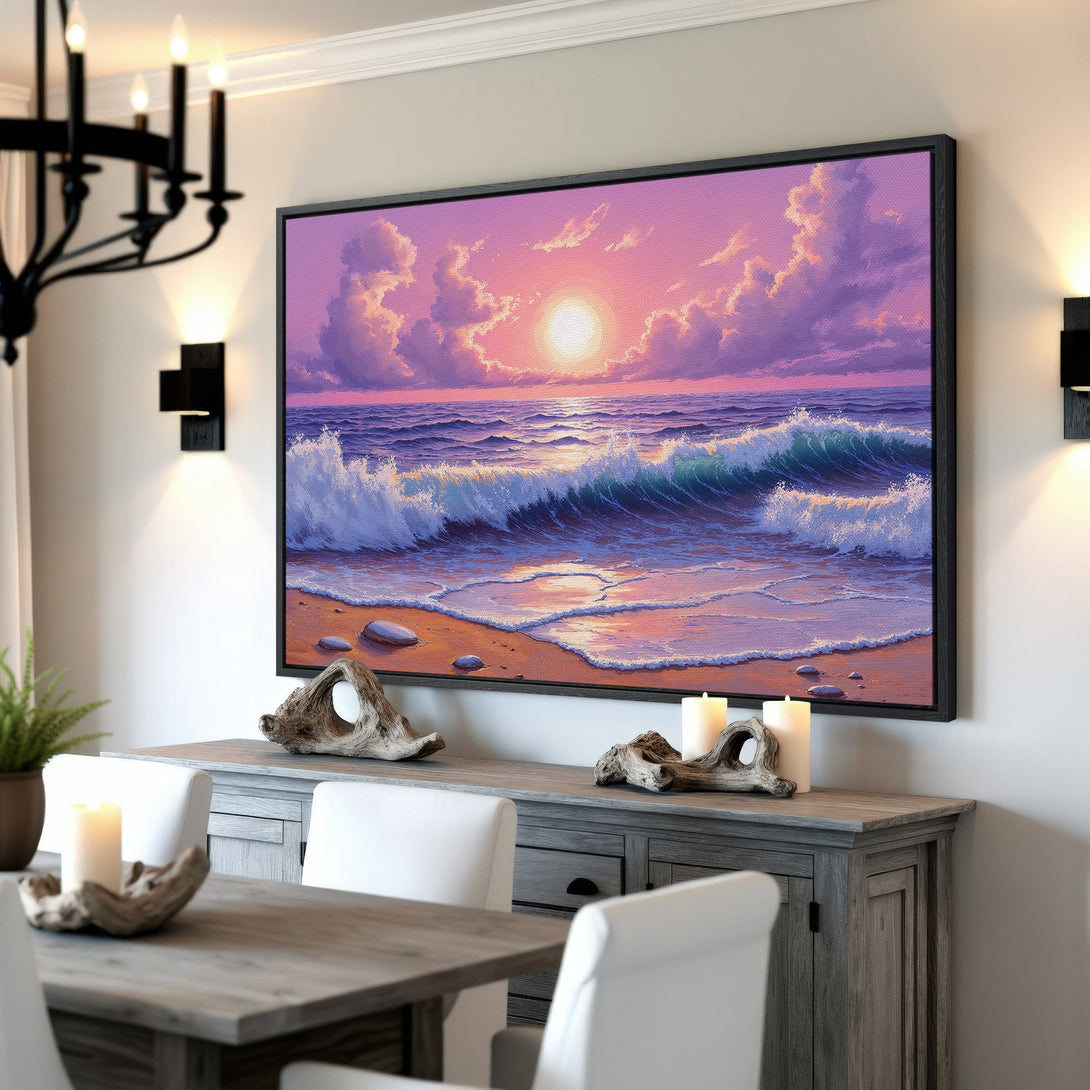 Framed Wall Art: Coastal sunset canvas print in a dining room. Featuring a vibrant pink and blue color palette, perfect for adding a touch of serenity.