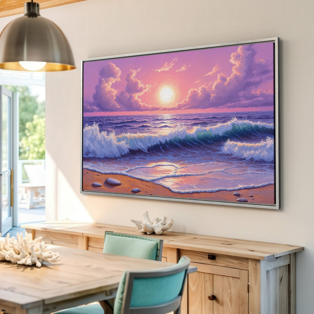 Framed Wall Art: Sunset beach scene Canvas Print with pink, purple, and teal hues. Coastal artwork adds serene vibes to any space. Shop now!