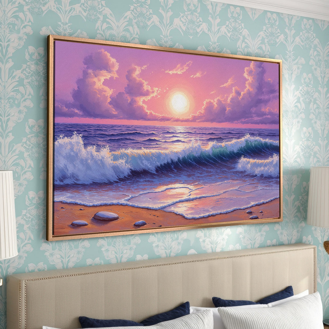 Framed Wall Art of a vibrant ocean sunset. Coastal painting in a dreamy style with a purple, pink, and teal color palette. Perfect for bedroom decor.