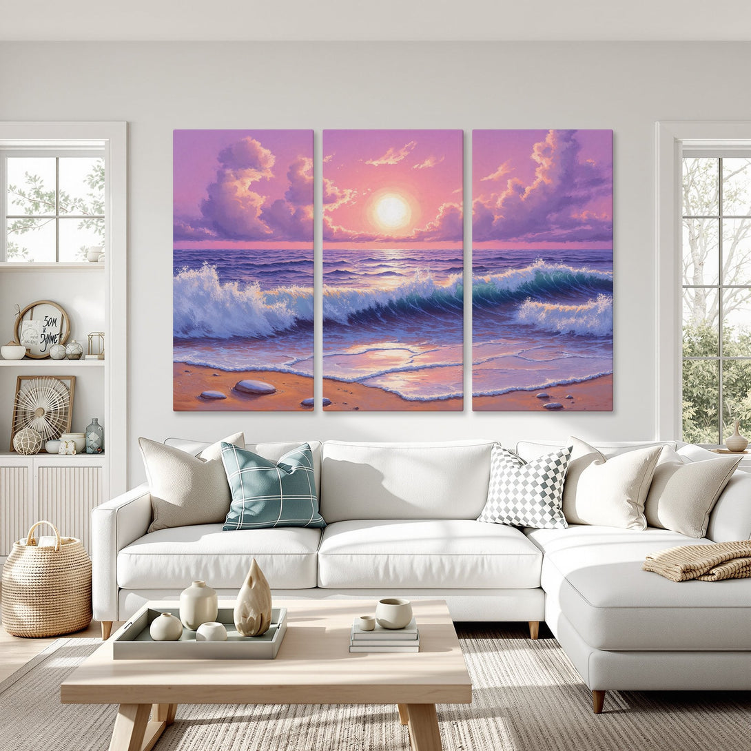 Canvas Print of a serene beach scene with a sunset in a purple and pink color palette. Coastal wall art for a relaxing vibe.