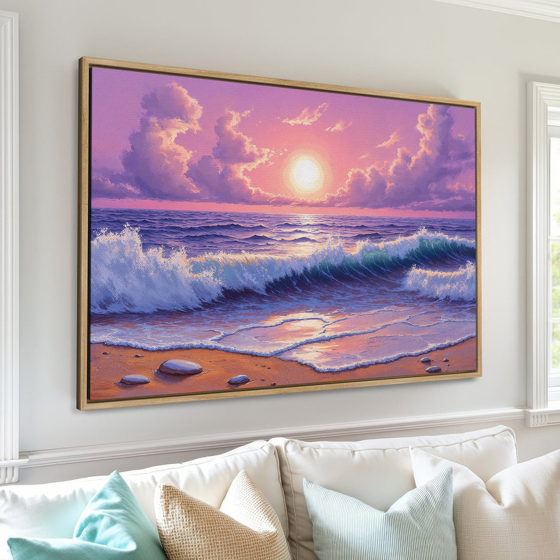 Framed Wall Art: Sunset beach scene canvas print in pink and purple hues. Coastal art style, perfect for adding a calming touch to your home decor.