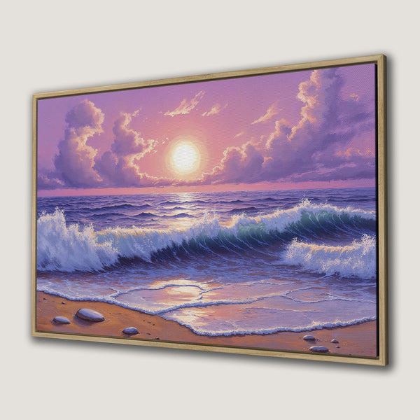 Canvas Print of a sunset over the ocean, painted in a romantic style with a purple and gold color palette. Perfect wall art!
