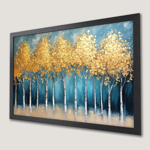 Framed Poster featuring golden trees against a teal and blue abstract background. Modern art print for home decor.