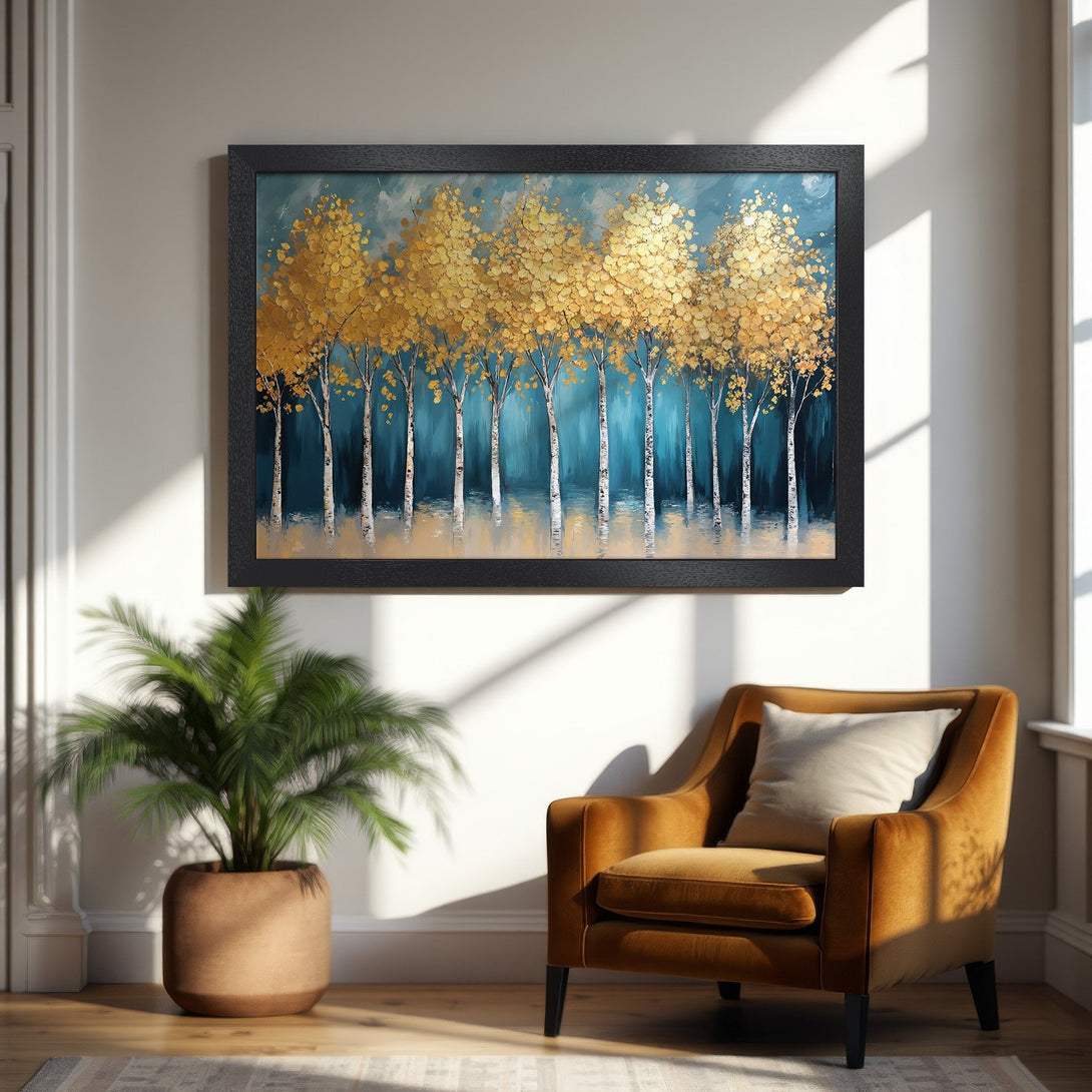 Framed Poster: Golden trees art print with teal & gold color palette. Enhance your home decor with this stunning poster.