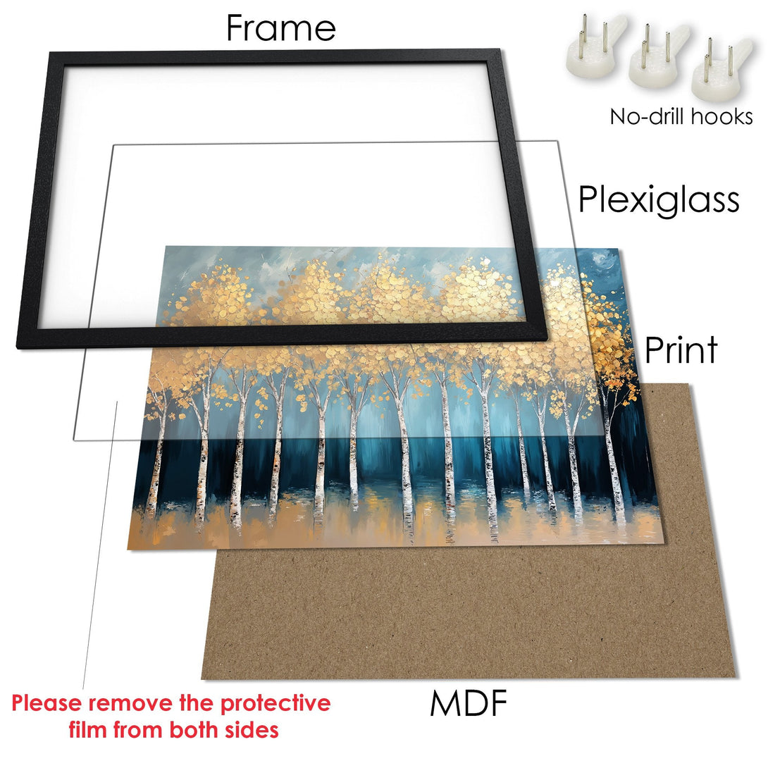 Framed Poster featuring a serene forest scene in gold, blue, and teal. Enhance your space with this beautiful art.