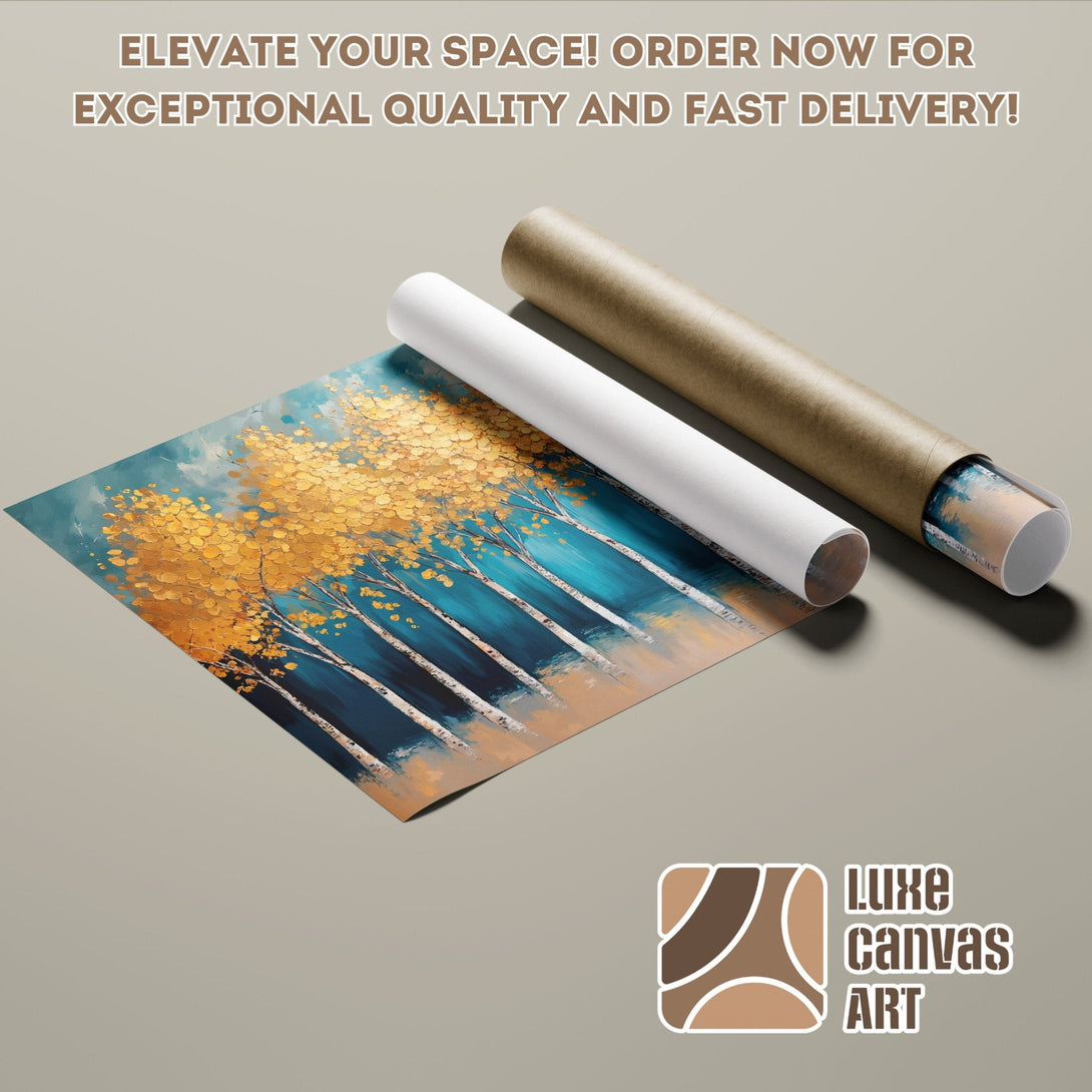Poster Roll of an abstract tree painting in blue and gold, perfect wall art.