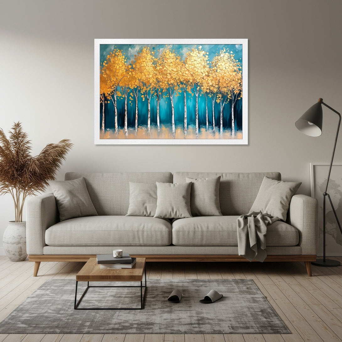 Framed Poster of golden trees in a modern style with a teal and gold color palette. Perfect wall art for your home!