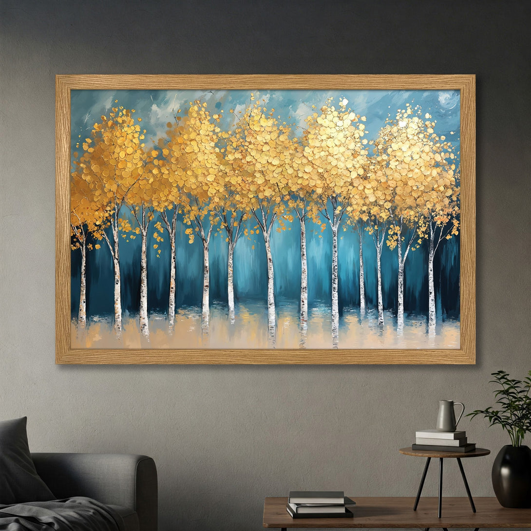 Framed Poster featuring golden trees in an abstract style with a teal and gold color palette. Perfect wall art for your home!