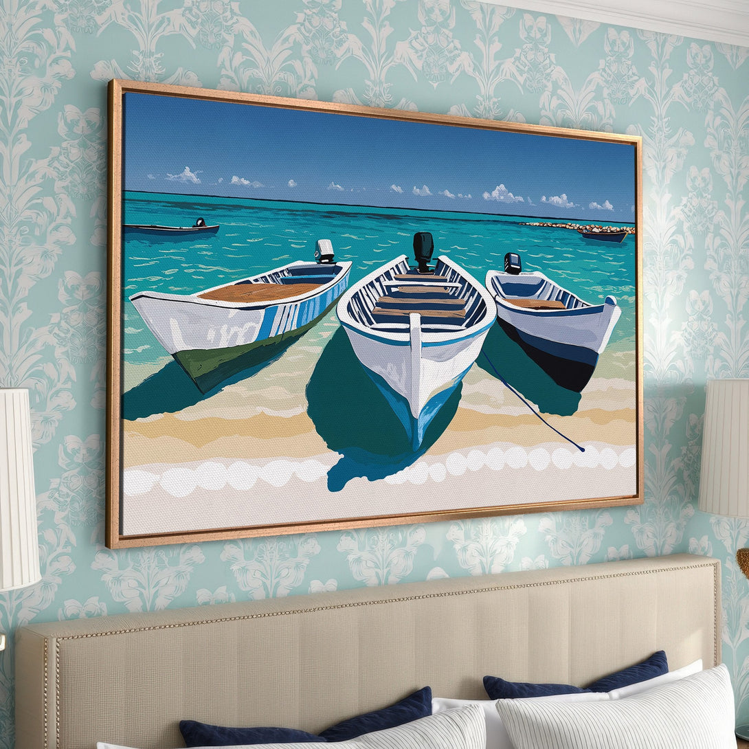 Framed Wall Art of boats on the ocean. Coastal style with blue, teal, and beige tones. Perfect for bedroom decor.
