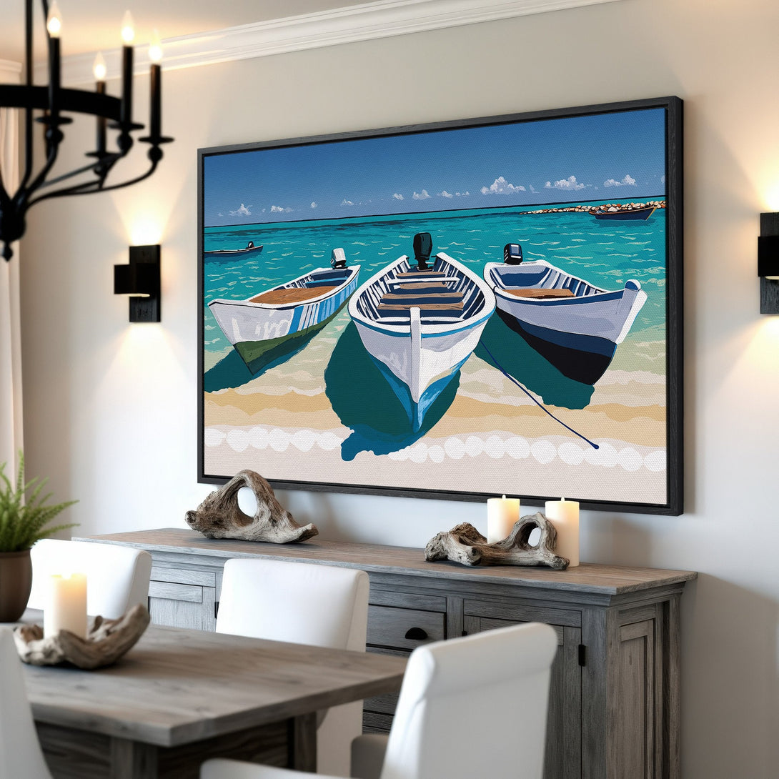 Framed Wall Art featuring boats on the beach in a vibrant blue and turquoise color palette. Coastal art perfect for any home decor style.