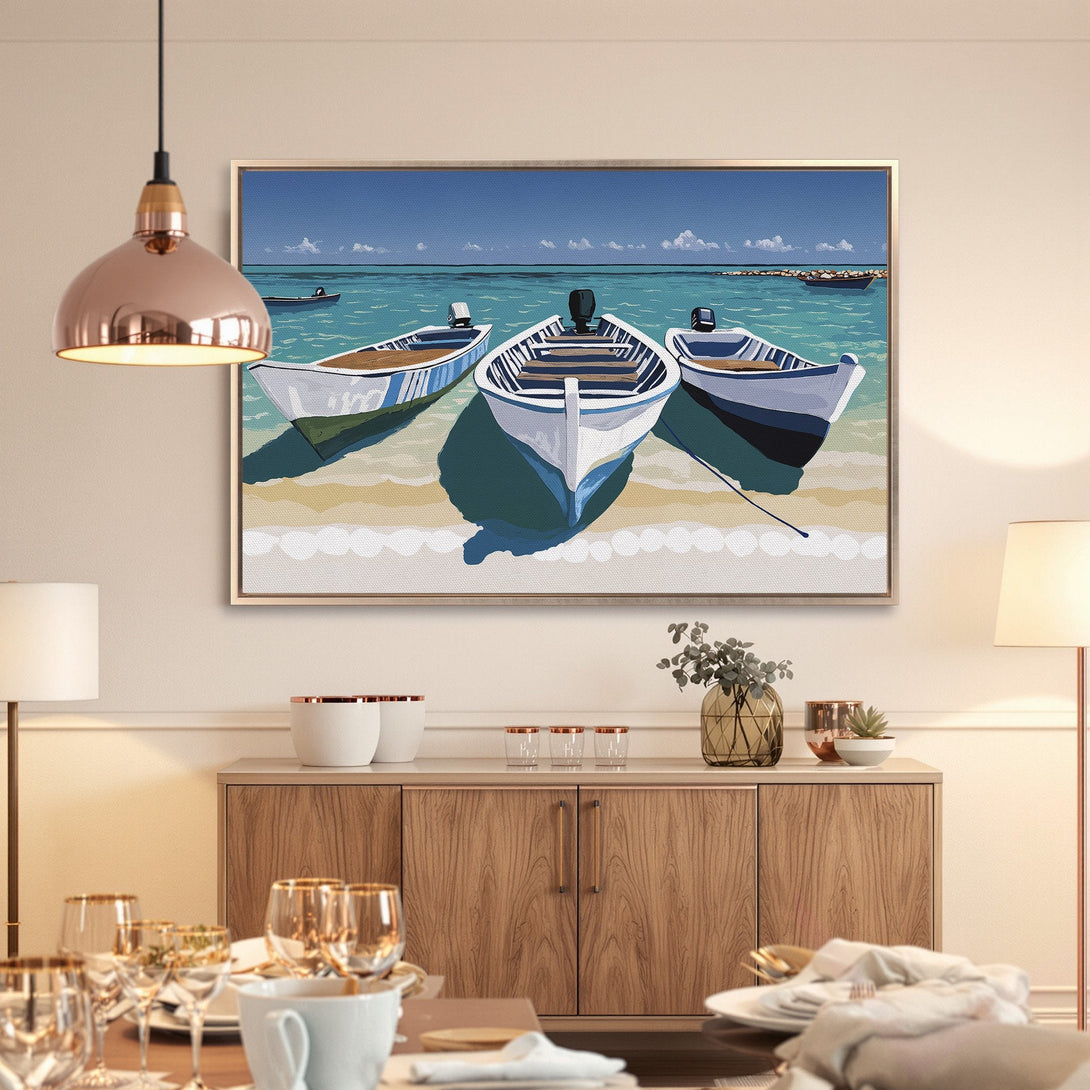 Framed Wall Art: Coastal boats in turquoise waters. Modern art Canvas Print with cool blues and sandy tones, perfect for a serene home.