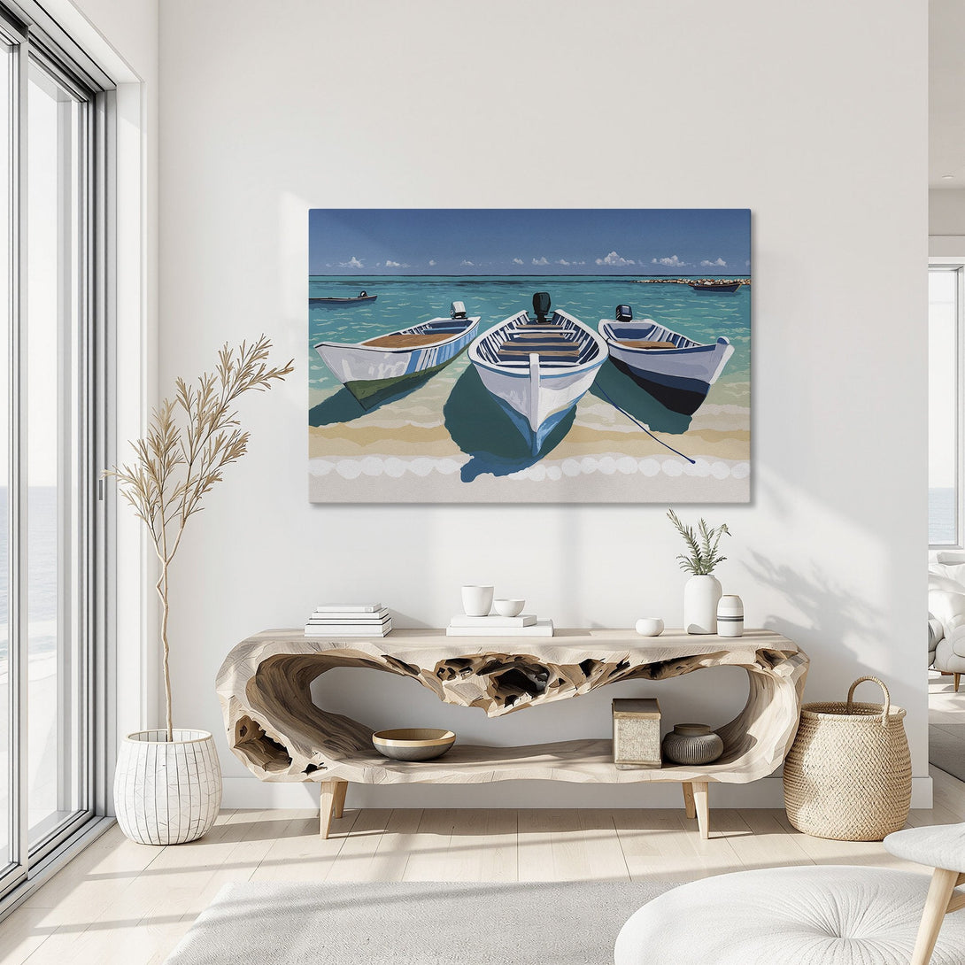Framed Wall Art: Coastal boats Canvas Print in a bright, airy interior. Blue, teal, and white color palette evokes a relaxing beach vibe.