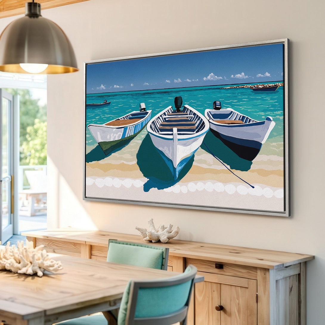 Framed Wall Art: Coastal scene Canvas Print featuring boats on a beach. Blue, teal, and white color palette. Perfect for adding a touch of serenity.