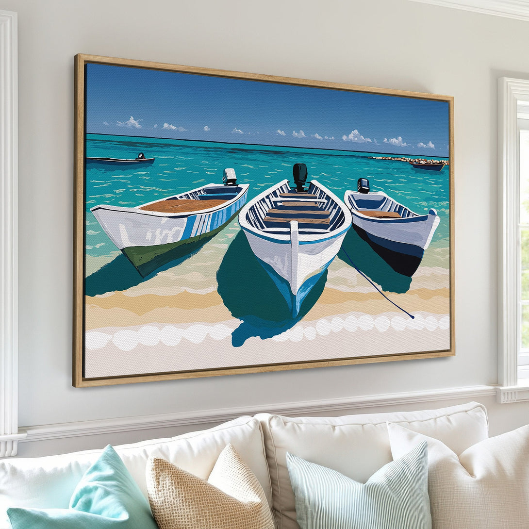 Framed Wall Art featuring boats on a beach with a blue and teal color palette. Coastal art perfect for your home decor.