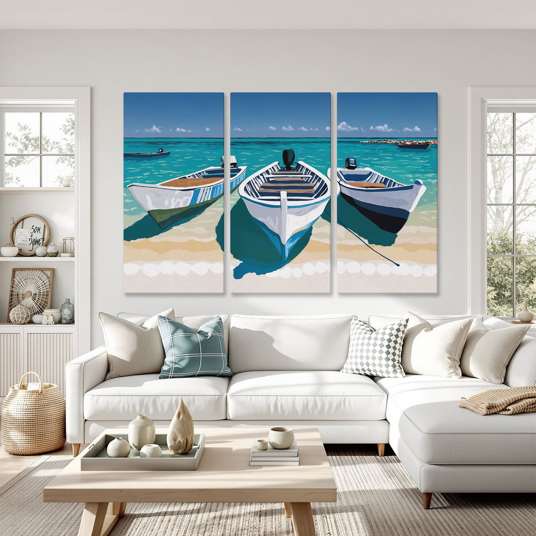 Canvas Print of boats on a beach, coastal art in blue and white, perfect for a modern living room.