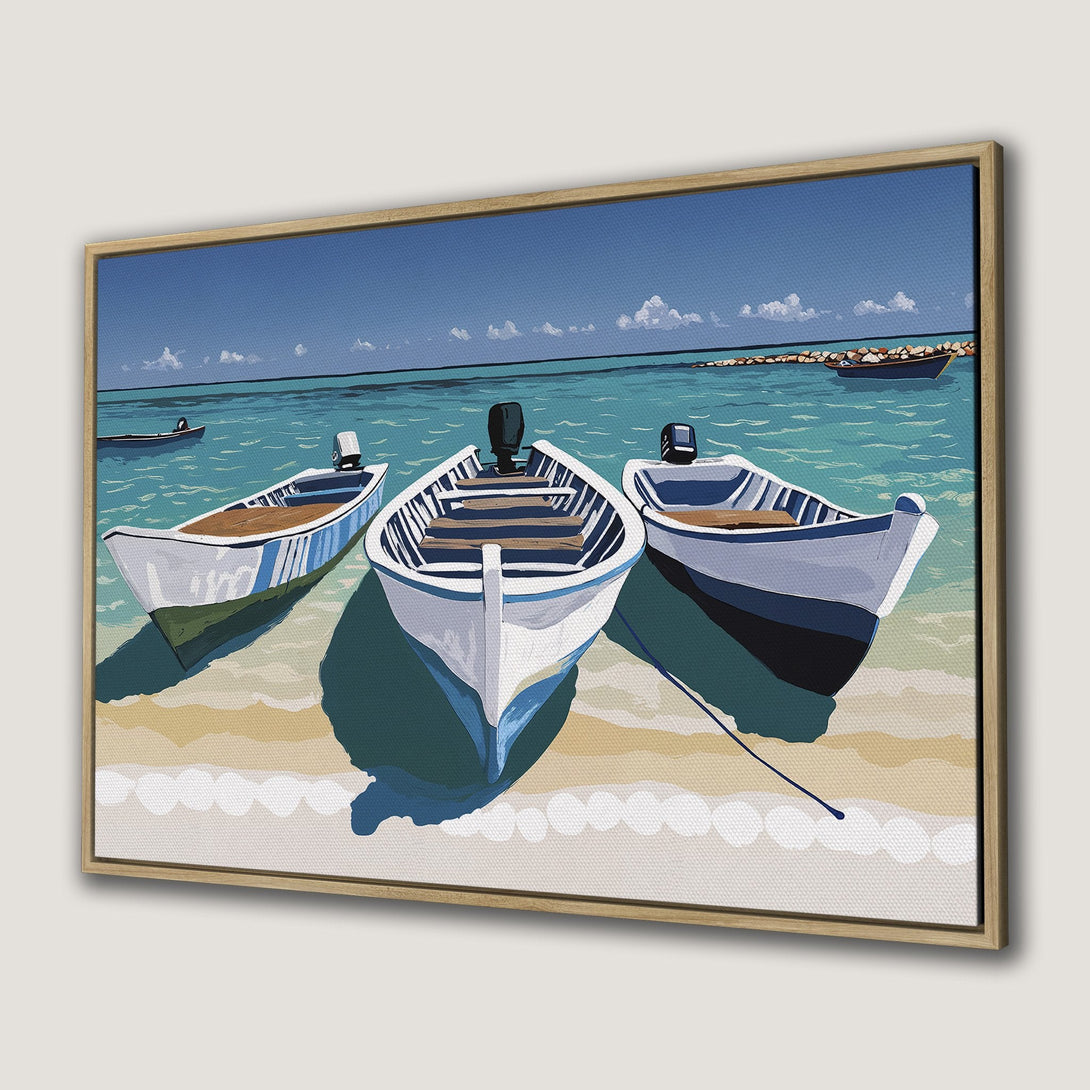Framed Wall Art: Coastal scene with boats in a vibrant blue and teal palette. Perfect nautical decor for a serene, beachy vibe. Add a touch of the ocean!