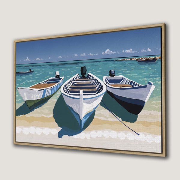 Framed Wall Art: Coastal scene with boats in a vibrant blue and teal palette. Perfect nautical decor for a serene, beachy vibe. Add a touch of the ocean!