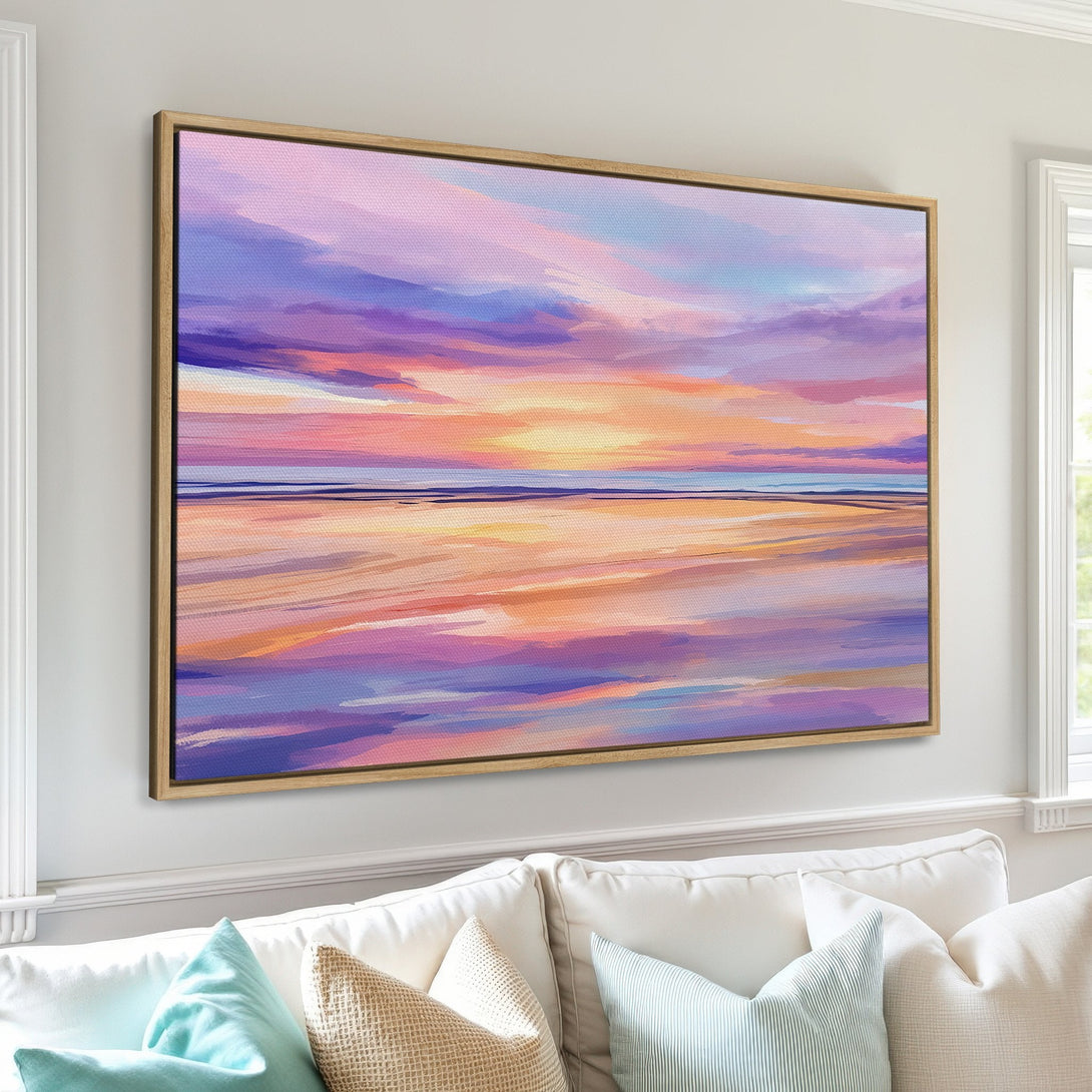 Canvas Print of a vibrant sunset landscape in a modern style, featuring a purple, orange, and blue color palette. Perfect living room decor!