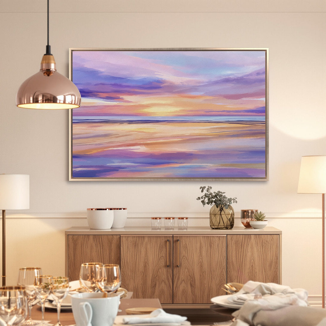 Framed Wall Art: Abstract sunset Canvas Print in a modern interior. Featuring a calming purple, orange, and blue color palette. Perfect home decor!