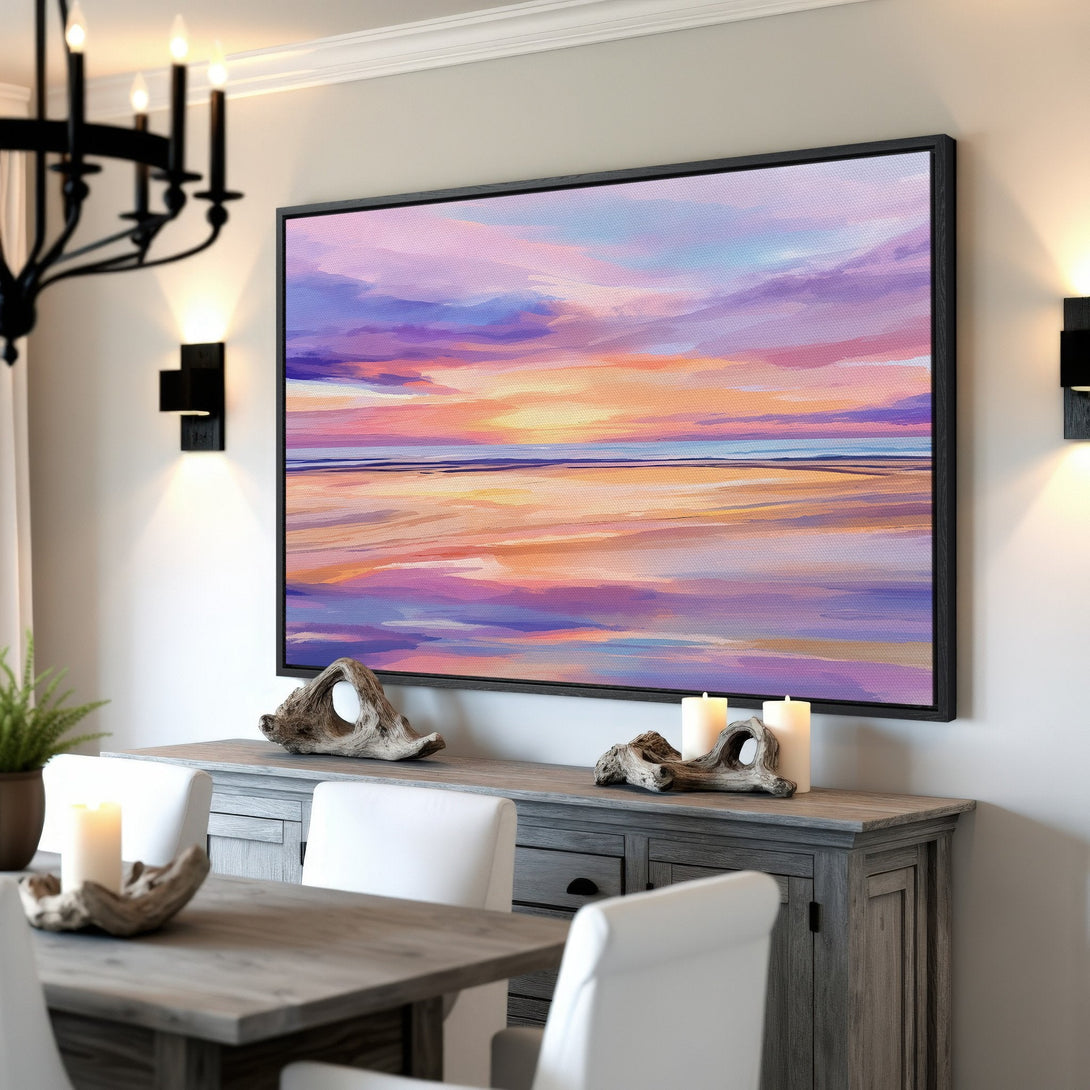 Framed Wall Art featuring a vibrant sunset abstract painting in purple, orange, and yellow hues. Modern decor for your home. Canvas Print.