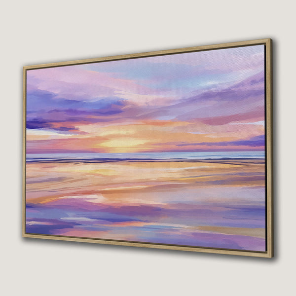 Canvas Print of a sunset seascape in impressionist style with a vibrant purple and orange color palette.