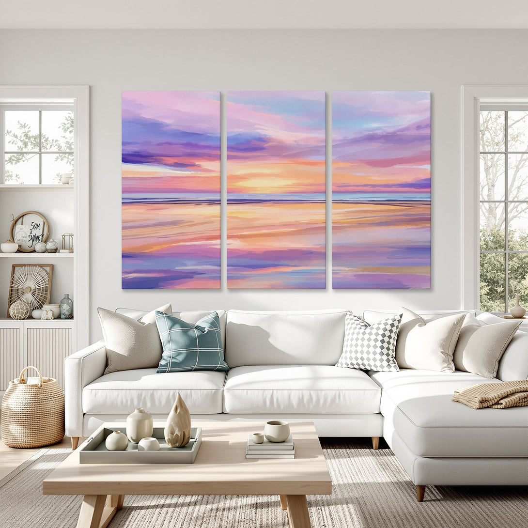 Canvas Print of a vibrant sunset landscape in a modern interior. Features a dreamy, impressionistic style with a warm, pastel color palette.