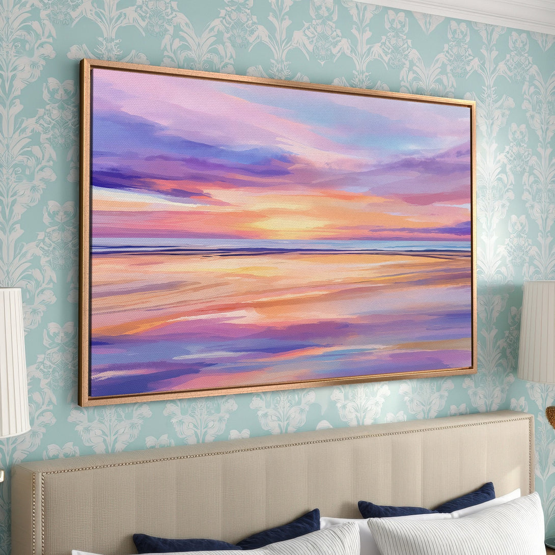 Framed Wall Art: Stunning sunset Canvas Print in a bedroom. Abstract landscape art with a vibrant palette of purple, orange, and pink. Perfect wall decor.