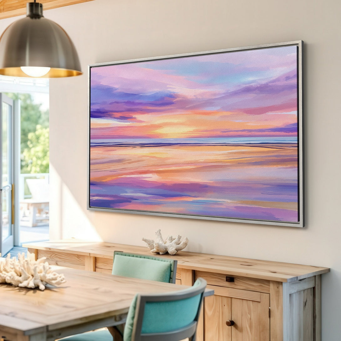 Framed Wall Art Canvas Print of a sunset over water in a vibrant, impressionistic style with a purple, orange, and blue color palette.