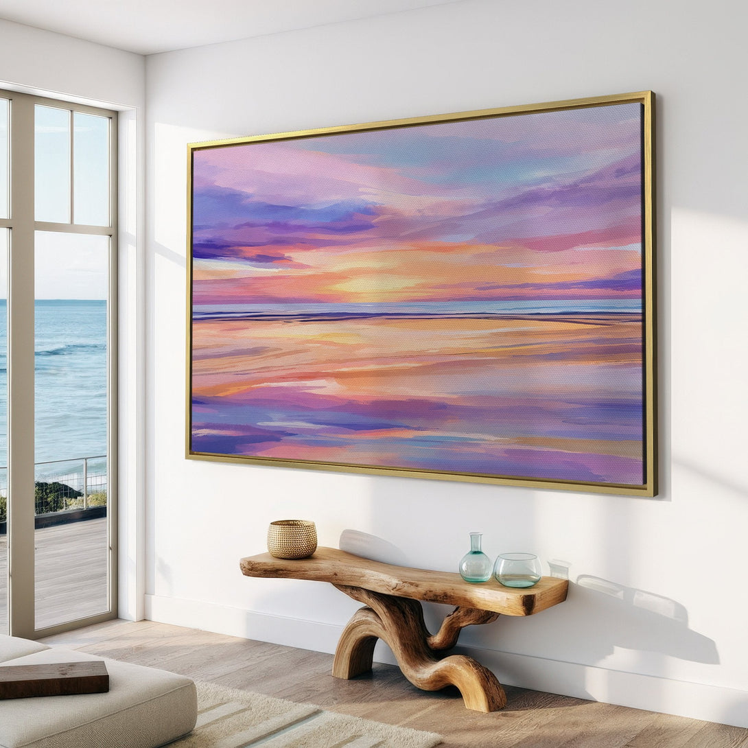 Canvas Print of a sunset landscape painting in a modern interior, featuring a vibrant purple and orange color palette.