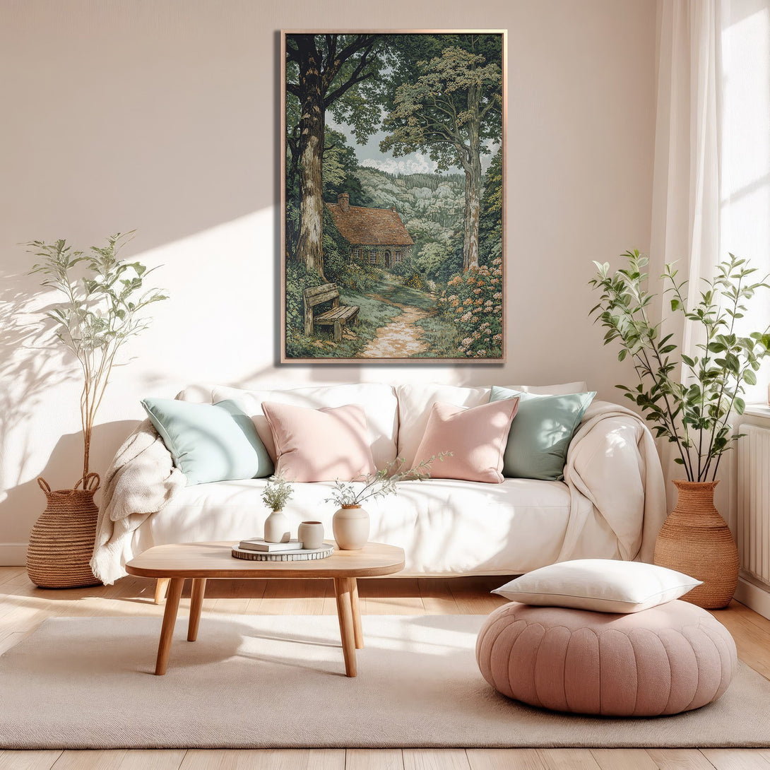 Framed Wall Art: Serene forest landscape in muted greens and browns. Perfect for adding a touch of nature and tranquility to your home.