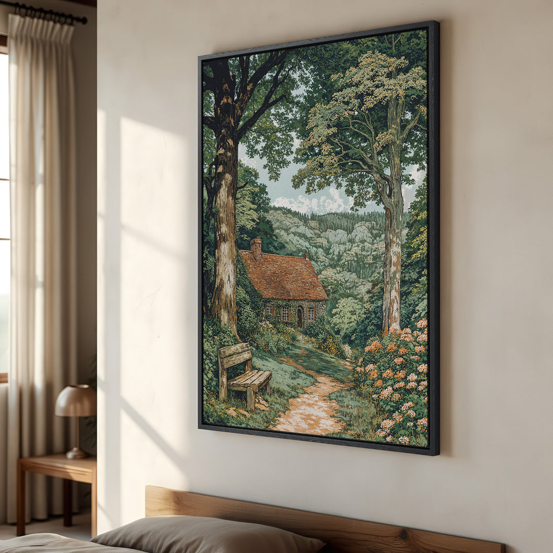 Framed Wall Art: Serene landscape Canvas Print featuring a charming cottage, lush greenery, and warm earth tones. Perfect for adding a touch of nature to your home.