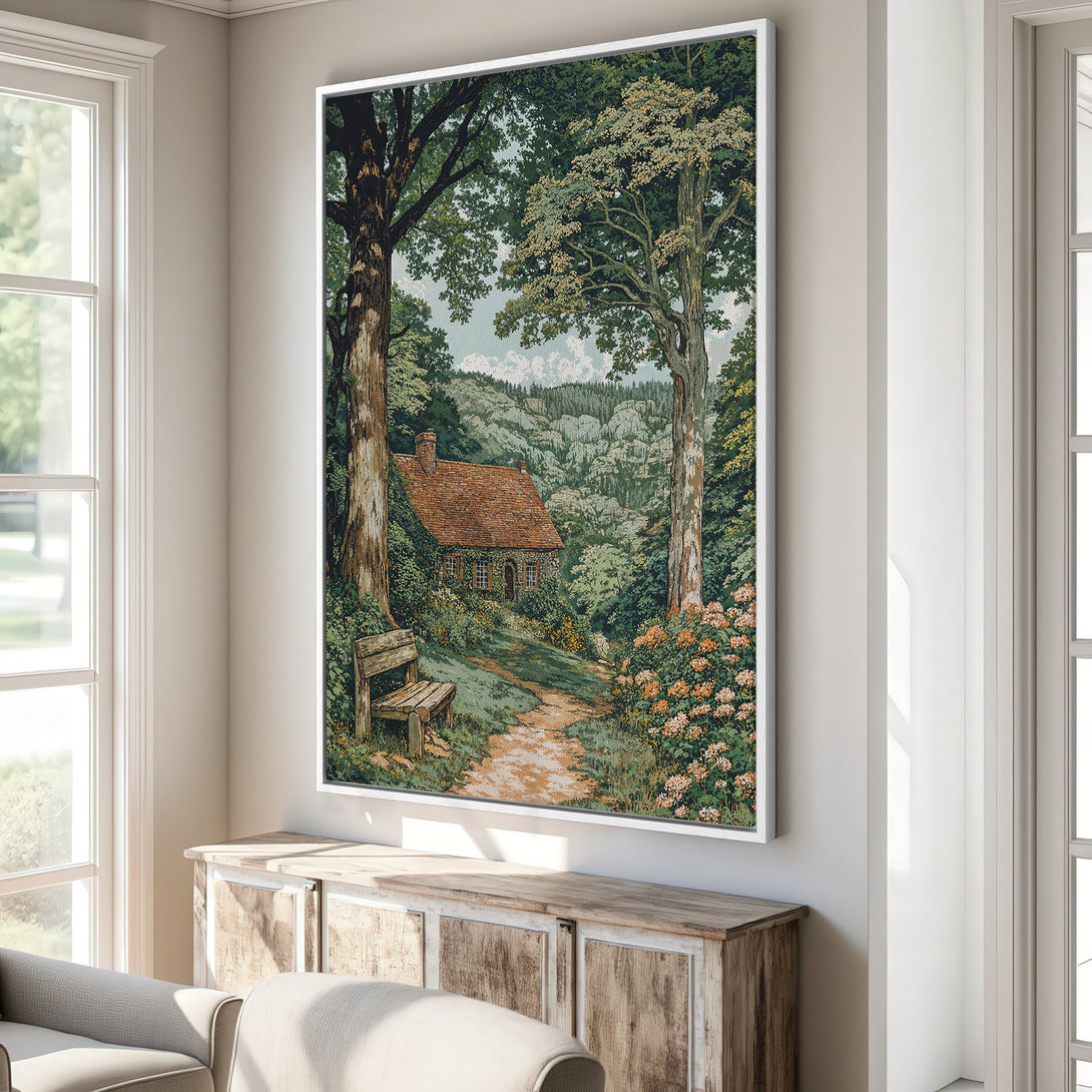 Framed Wall Art of a serene forest scene with a cottage, in a classic, vintage style. Earthy green, brown, and beige color palette. Perfect for home decor.