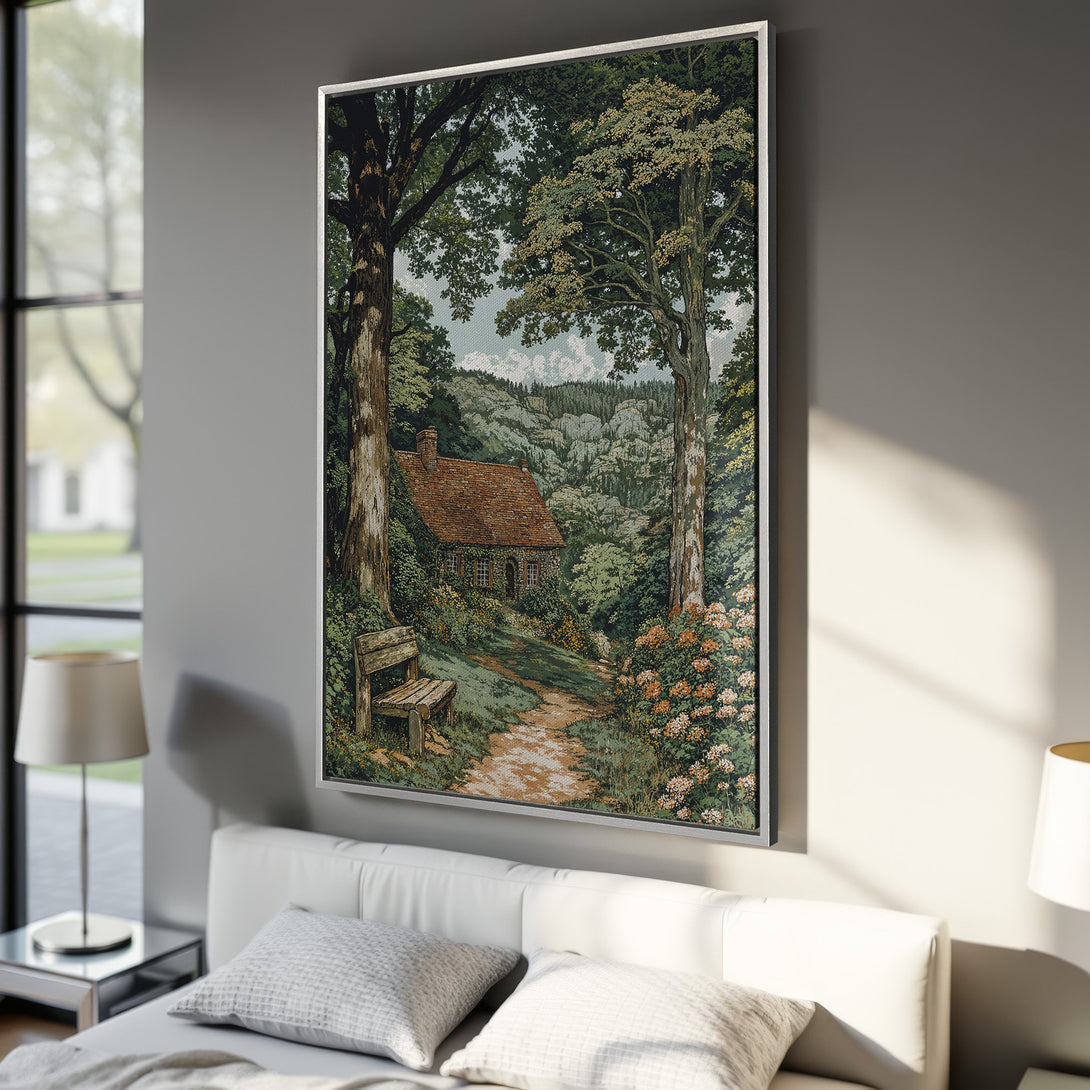Framed Wall Art: Scenic landscape Canvas Print featuring a cottage in a forest, with a vintage style and a green and brown color palette.
