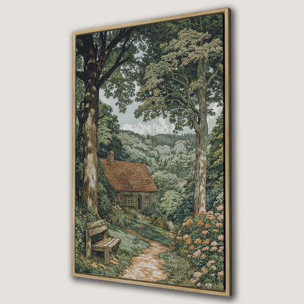 Framed Wall Art: Serene landscape Canvas Print featuring a cottage in a forest, with a muted green and brown color palette, perfect for adding a touch of nature.