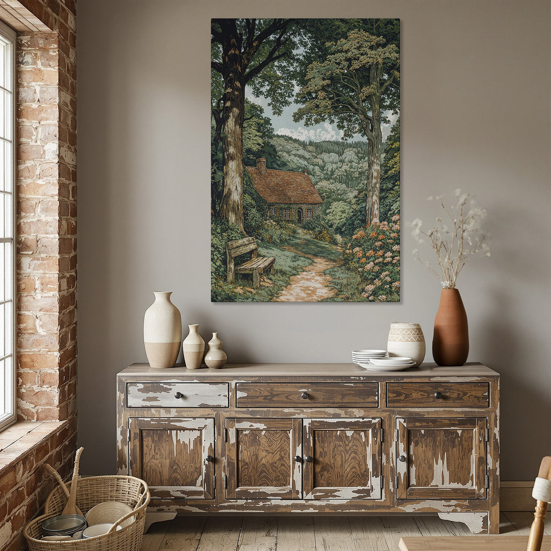 Framed Wall Art: Cottage scene Canvas Print in warm earth tones. Rustic landscape art with a cozy cottage, perfect for adding a touch of nature to your home.