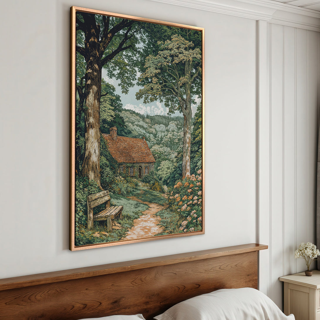 Framed Wall Art: Cottage scene Canvas Print in a rustic style, featuring a green and brown color palette, perfect for adding a touch of nature to your home.