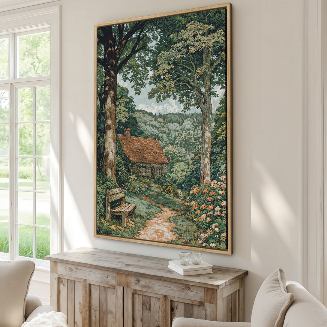 Framed Wall Art featuring a serene forest scene with a cottage, in a vintage style with a muted green and brown color palette. Perfect for adding a touch of nature!