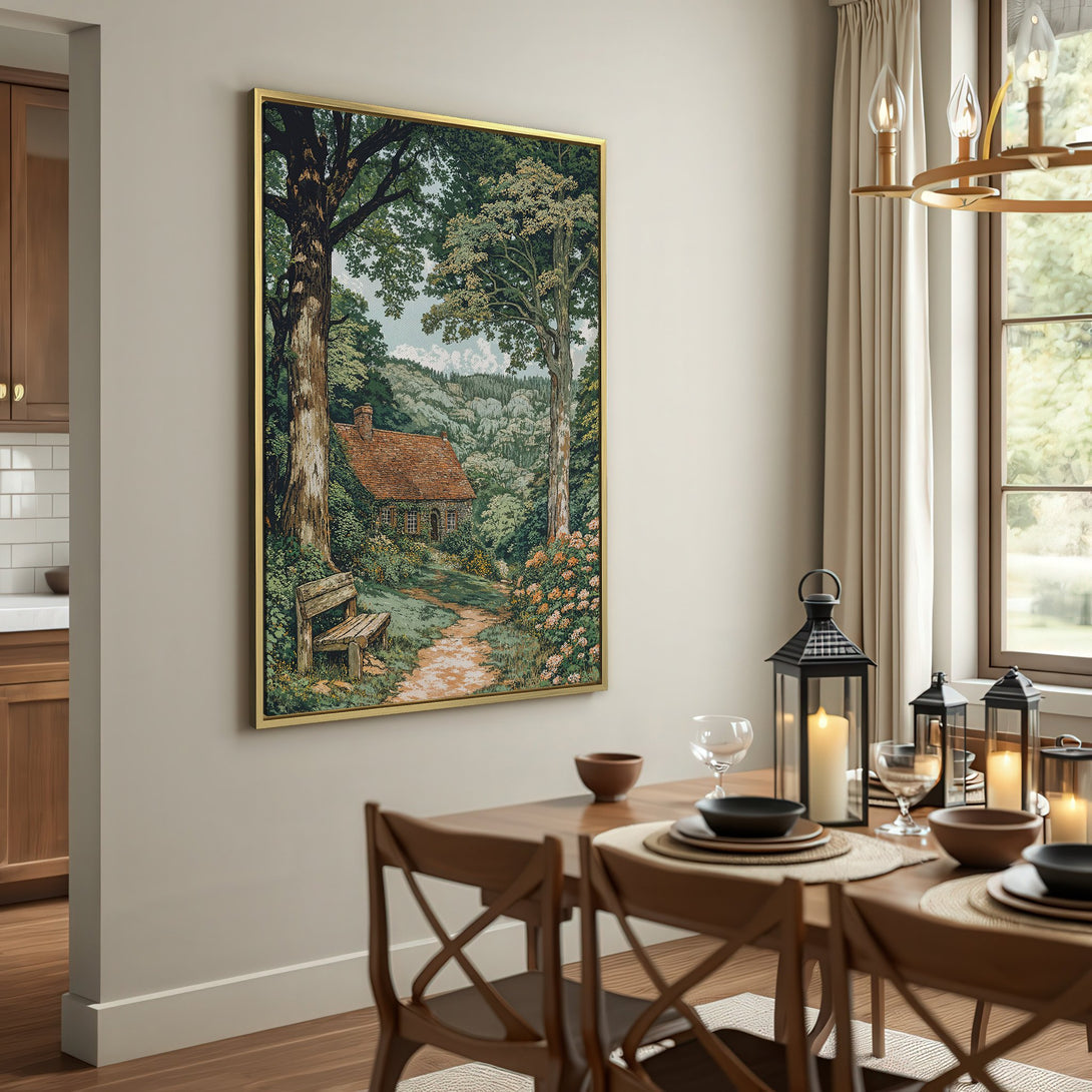Canvas Print of a serene cottage scene in a muted green and brown palette, perfect for adding a touch of nature to your home.