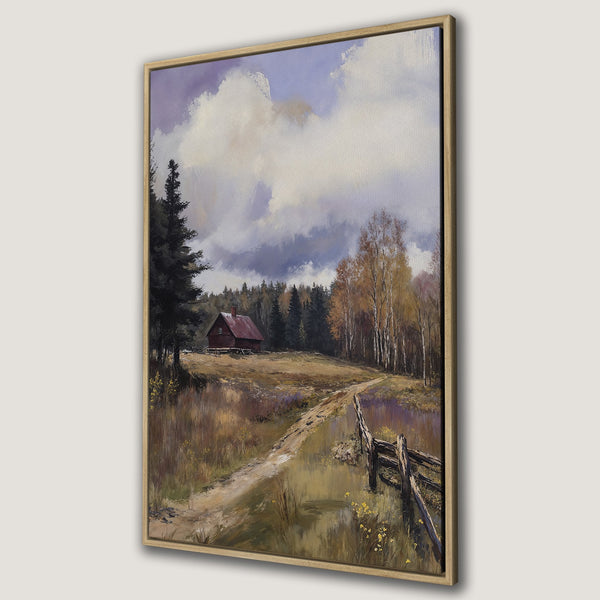 Framed Wall Art: Landscape painting of a cabin in a field with a path, featuring a warm color palette. Perfect for rustic home decor.
