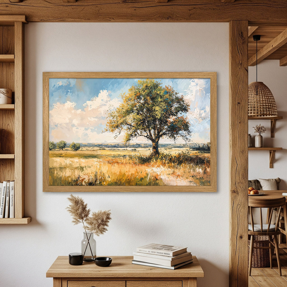 Framed Poster featuring a landscape painting of a tree in a field, with a warm, earthy color palette.