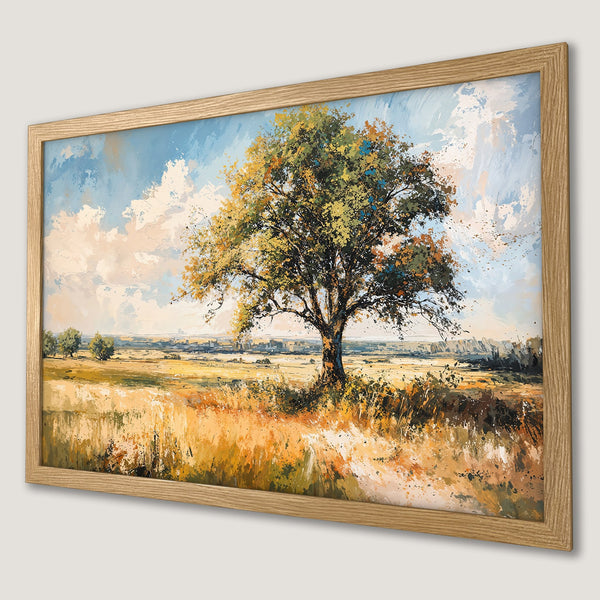 Framed Poster of a majestic tree in a field. Impressionist style with warm yellow, green, and blue tones. Perfect wall art.