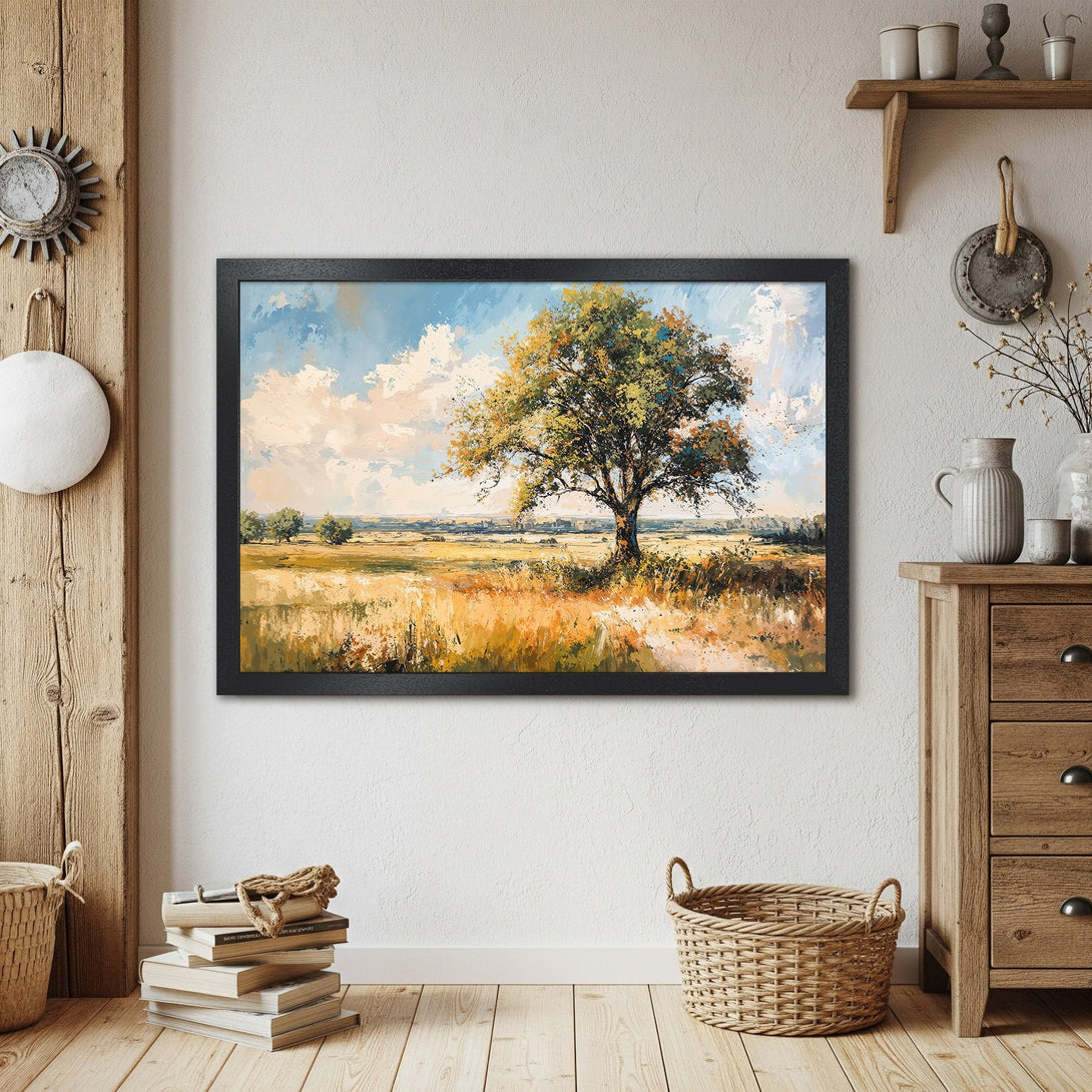 Framed Poster featuring a landscape painting with a tree, in a warm color palette. Perfect wall art for your home!